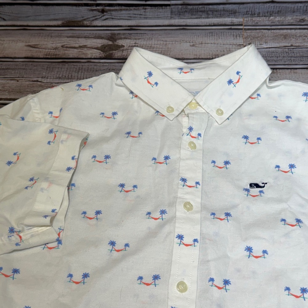 Vineyard Vines Button Down‎ Shirt Kids L (16) White Palm Print Short Sleeve